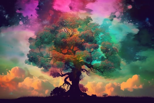 Magic tree with colorful clouds. Mystic art. Generate Ai