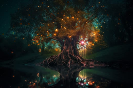 Magic tree forest. Magical night. Generate Ai