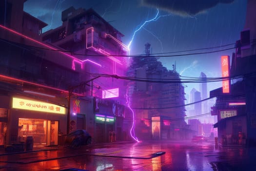 Neon city thunder. Future night street. Generate Ai