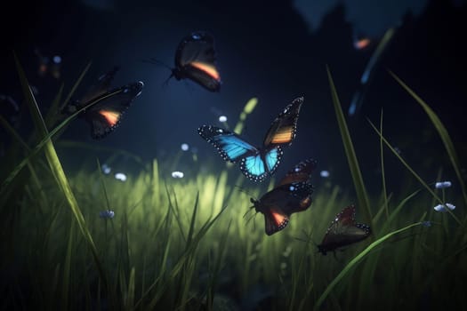 Neon glowing butterflies. Summer nature art. Generate Ai