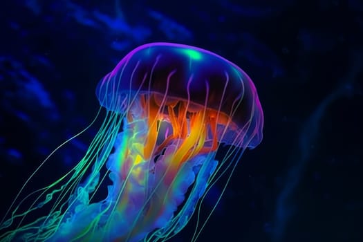 Neon jellyfish dark water. Summer light. Generate Ai