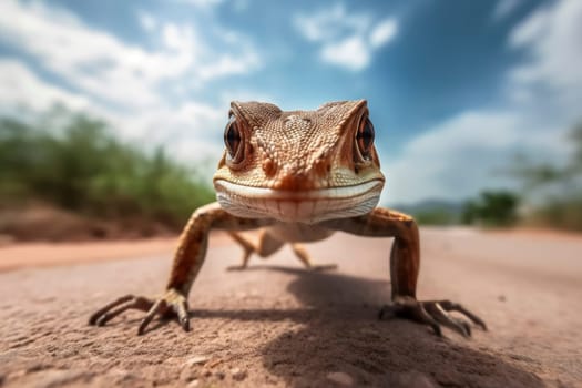 Lizard on ground, with a direct gaze into the camera lens.