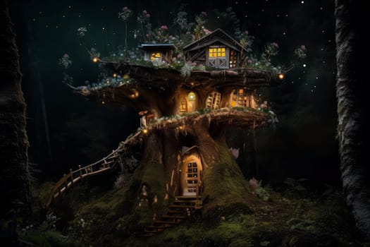 Night tree house. Fantasy forest. Generate Ai