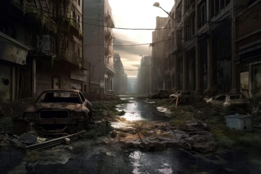 Post apocalyptic street. City destruction. Generate Ai