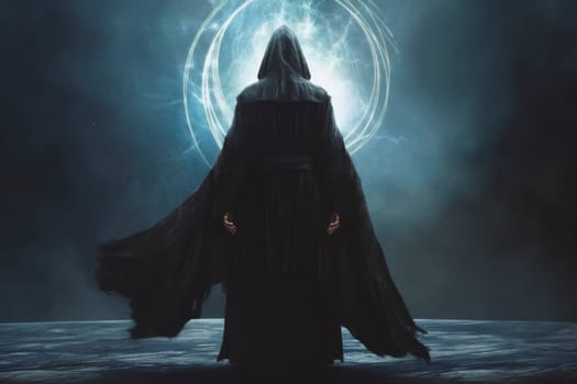 A cloaked figure stands before an ominous magical portal, set against a dark, moody backdrop, evoking mystery and fantasy.