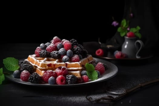 Delicious Belgian waffles adorned with an assortment of fresh berries and a dusting of powdered sugar.