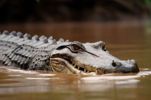 A close-up view of a crocodile's head above water, showcasing its textured skin and predatory gaze.