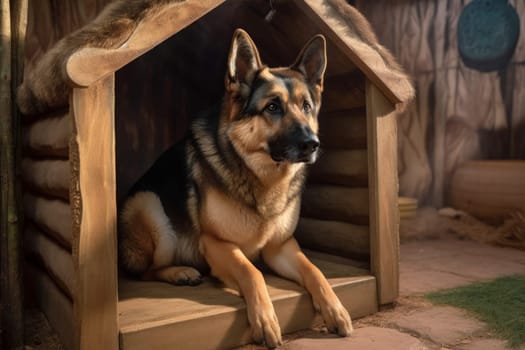 Shepherd dog in doghouse. Domestic pet. Generate Ai