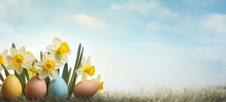 Vibrant Easter eggs nestled among fresh daffodils on a sunny grass field, symbolizing spring and renewal.