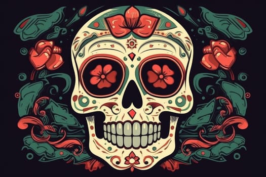Red flower dead skull. Mexican holiday. Generate Ai