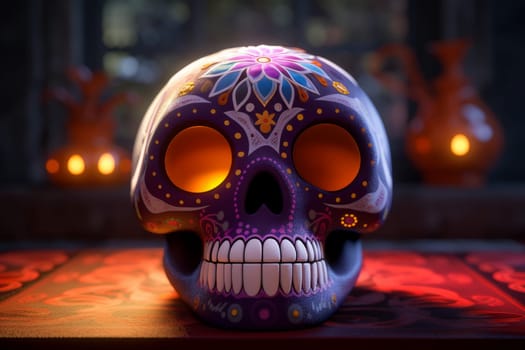 Dead skull with burning candle. Mexican skeleton holiday. Generate Ai