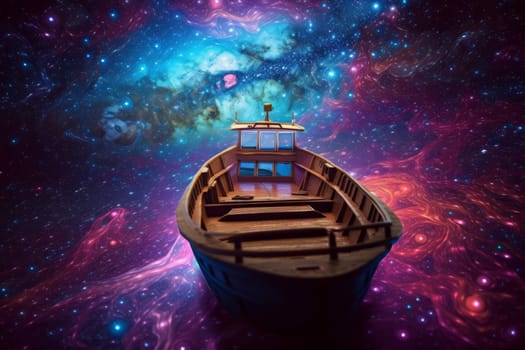 Wood boat in galaxy. Space fantasy ship. Generate Ai