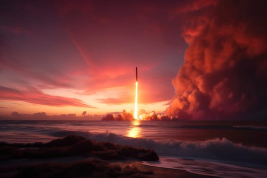 Starship sunset launch. Planet star. Generate Ai