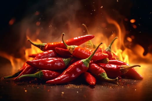 Red chilli peppers ablaze with fiery background.