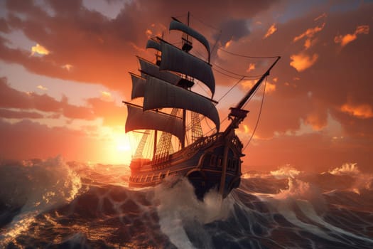 Sunset storm boat. Pirate vessel. Generate Ai