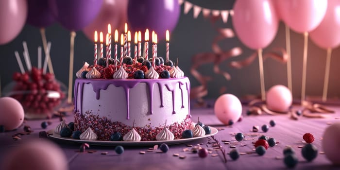 Purple birthday cake with lit candles and balloons. 3D rendering of a celebration scene. Birthday and party concept for invitation and banner design. Studio shot with copy space