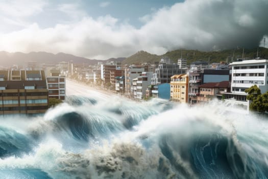 City under tsunami. Wave disaster. Generate Ai