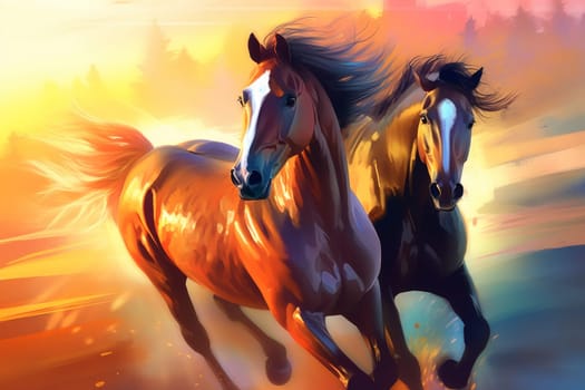 Two horses run. Abstract modern color. Generate Ai