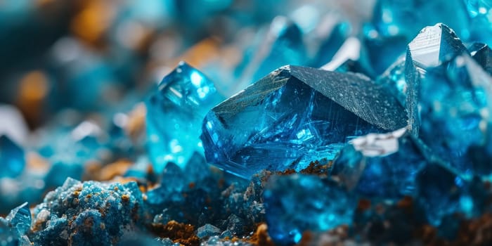 Close-up of radiant blue mineral crystals with sharp edges and a deep blue color.