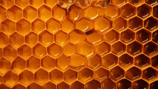 Close-up image of a honeycomb, golden honey filling the hexagonal shapes with natural sweetness.