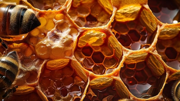 Macro image of honey bees actively working on a golden honeycomb in a hive.