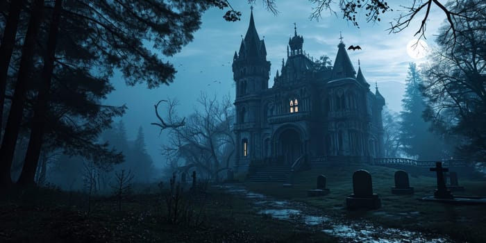 Mysterious gothic castle with illuminated windows overlooking a foggy cemetery at night.