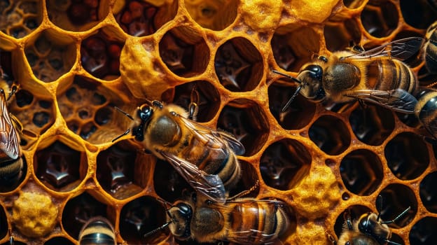 Macro image of honey bees actively working on a golden honeycomb in a hive.