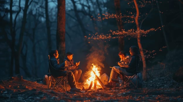 A fun camping event with a group of people sitting around a tent, enjoying the warmth of a fire, amidst the beautiful forest landscape. AIG41
