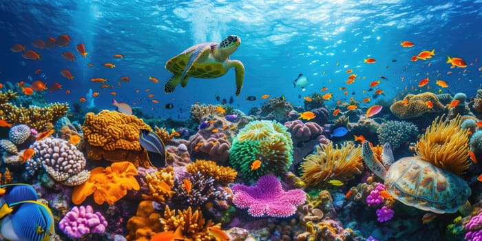 A sea turtle glides through the clear blue waters of a coral reef teeming with colorful marine life and diverse coral formations. Resplendent.