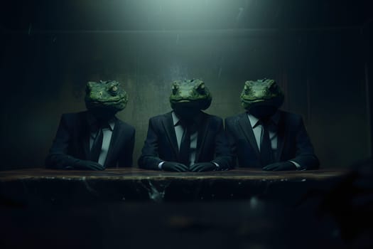 Three reptile men in business suits sitting at the table in dark room, secret world government concept. Neural network generated image. Not based on any actual scene or pattern.