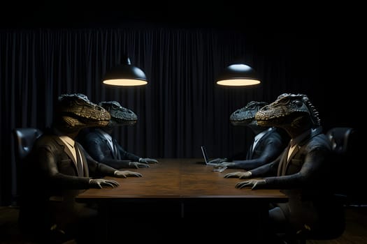 Reptile men in business suits sitting at the table in dark room, secret world government concept. Neural network generated image. Not based on any actual scene or pattern.