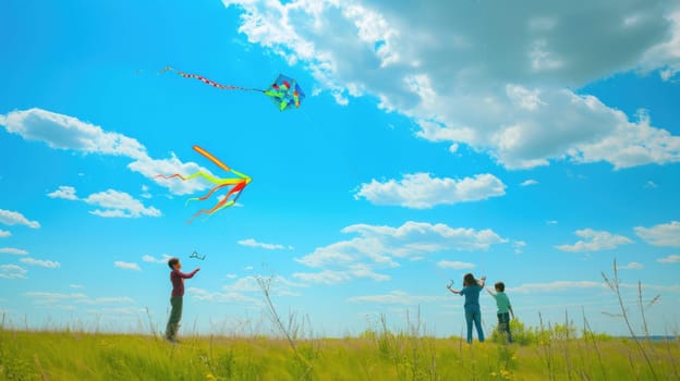 A group of people are flying kites in a grassy field under the azure sky with fluffy cumulus clouds floating in the atmosphere. AIG41