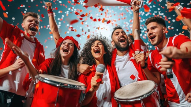 A cheerful group of individuals wearing red shirts are celebrating with confetti and a megaphone, bringing fun and entertainment to the event, while holding a membranophone and smiling in joy. AIG41