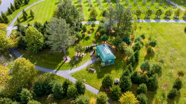 Elizabethtown, Pennsylvania, October 22, 2023 - An Aerial View of a Arboretum Gazebo Surrounded by Trees and Shrubs on an Autumn Day