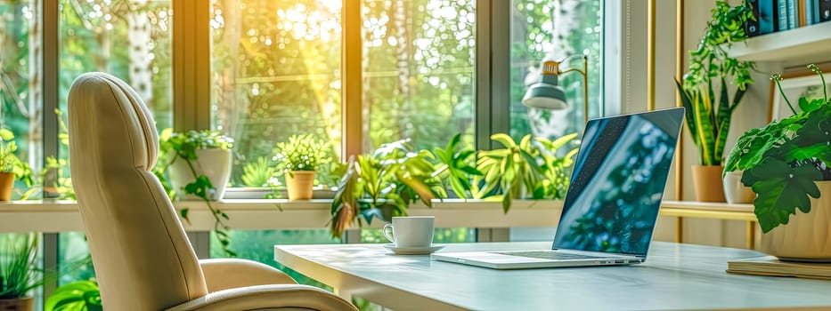 A laptop computer is resting on a wooden desk near a window, with potted plants adding a touch of nature to the room