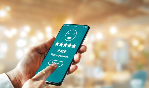 Customer review satisfaction feedback survey concept. User give rating to service experience on online application. Customer can evaluate quality of service lead to reputation ranking of business. uds