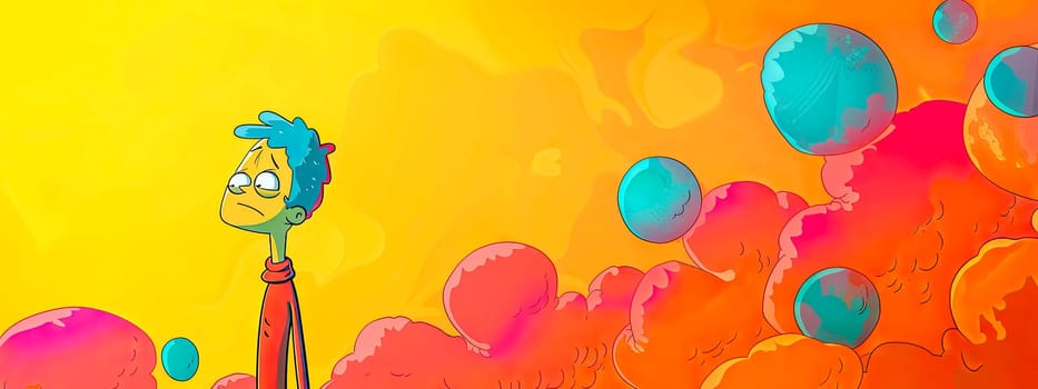 A cartoon character is surrounded by colorful bubbles of orange, yellow, and pink, resembling a vibrant painting. The bubbles add a lively touch to the organisms gesture