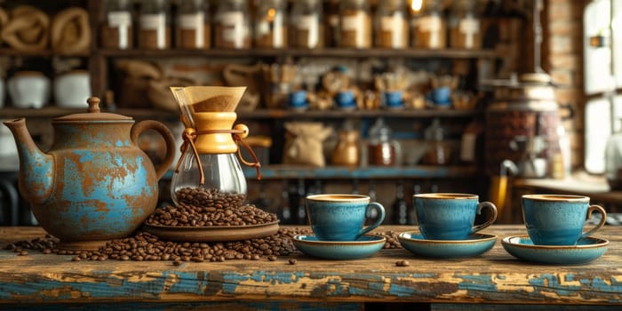 coffee still life (grinder, cup, a bag of beans, a jar against the background of an old wall