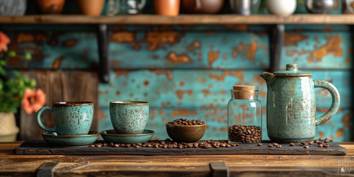 coffee still life (grinder, cup, a bag of beans, a jar against the background of an old wall