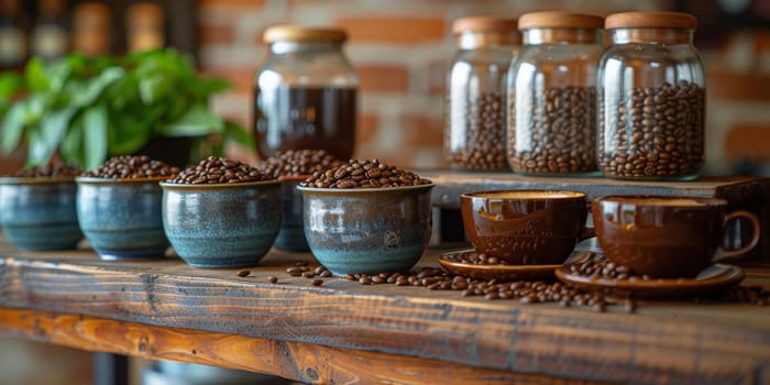 coffee still life (grinder, cup, a bag of beans, a jar against the background of an old wall