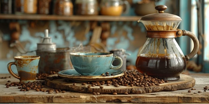 coffee still life (grinder, cup, a bag of beans, a jar against the background of an old wall