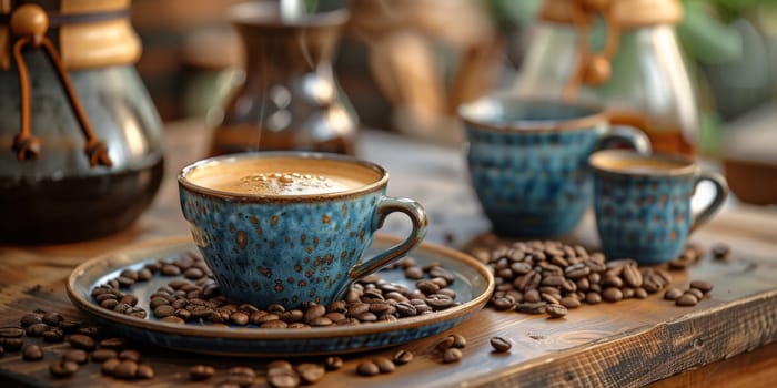 coffee still life (grinder, cup, a bag of beans, a jar against the background of an old wall