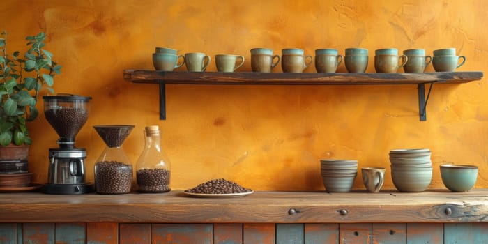 coffee still life (grinder, cup, a bag of beans, a jar against the background of an old wall