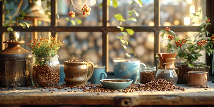 coffee still life (grinder, cup, a bag of beans, a jar against the background of an old wall