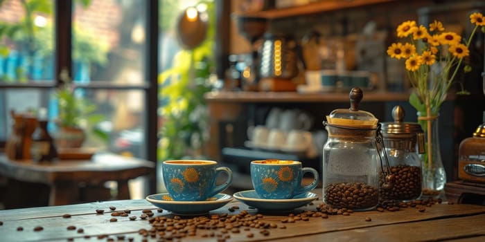 coffee still life (grinder, cup, a bag of beans, a jar against the background of an old wall