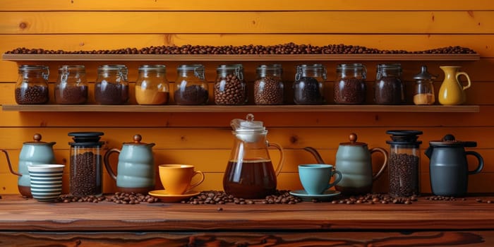 coffee still life (grinder, cup, a bag of beans, a jar against the background of an old wall