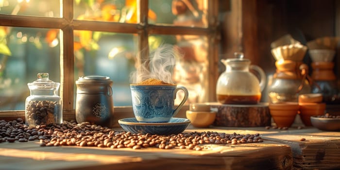 coffee still life (grinder, cup, a bag of beans, a jar against the background of an old wall