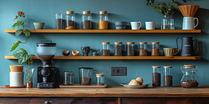 coffee still life (grinder, cup, a bag of beans, a jar against the background of an old wall