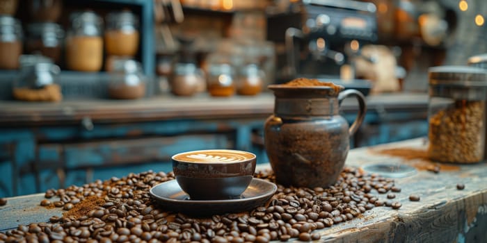 coffee still life (grinder, cup, a bag of beans, a jar against the background of an old wall