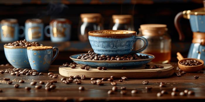 coffee still life (grinder, cup, a bag of beans, a jar against the background of an old wall